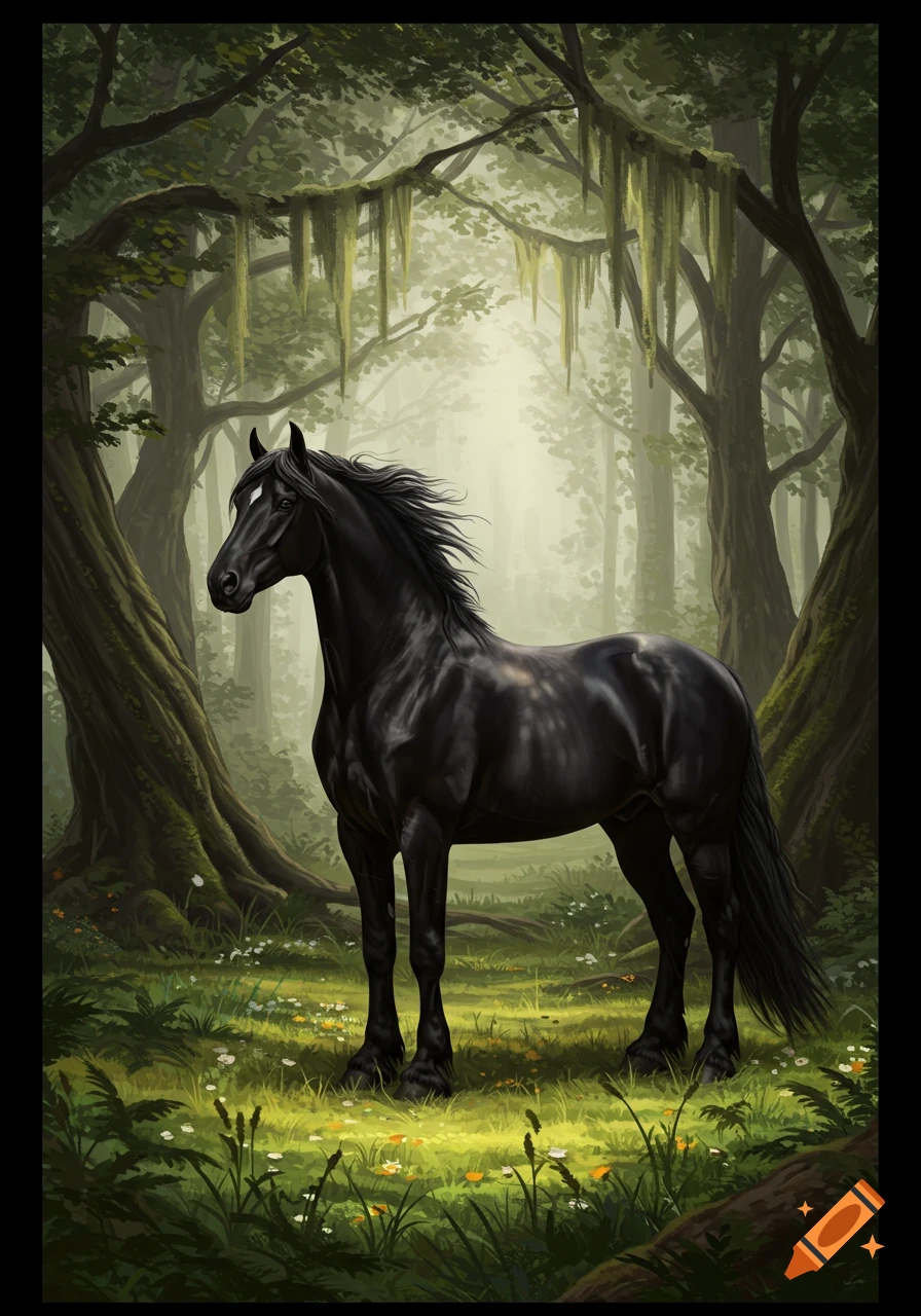 A black horse with a white blaze stands in a lush, misty forest with moss-covered trees.