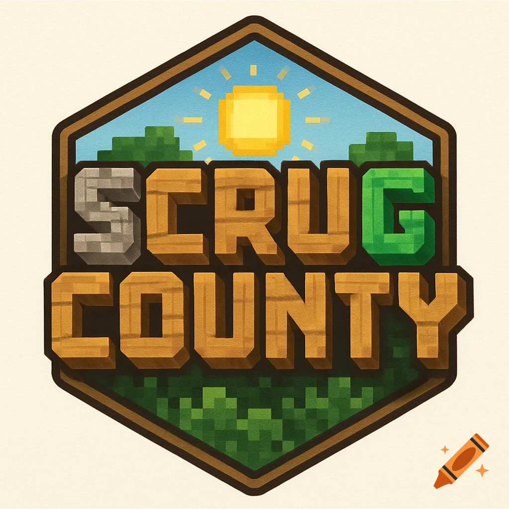 Pixel art hexagonal logo for Scrug County, with blocky text, trees, and a sun in a Minecraft style.