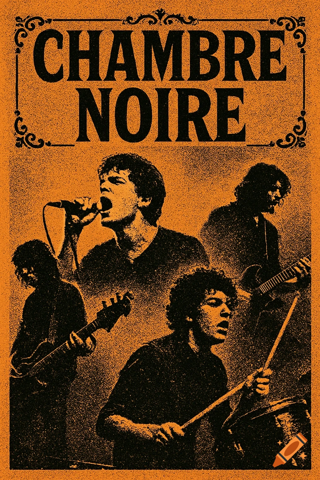 Distressed black and orange poster featuring a rock band and the title 'CHAMBRE NOIRE' in a vintage, grainy style.