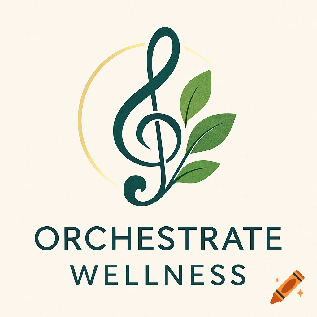A logo with a green treble clef intertwined with green leaves, partially encircled by a gold ring, above the text 'ORCHESTRATE WELLNESS'.