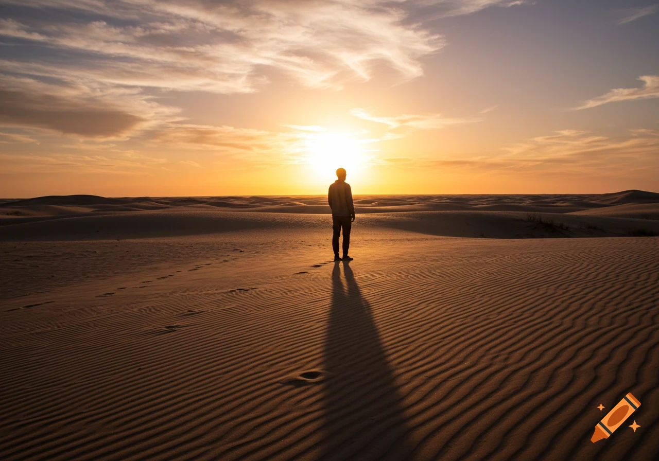 A person stands silhouetted against a bright sunset in a vast desert landscape with sand dunes and rippled sand.