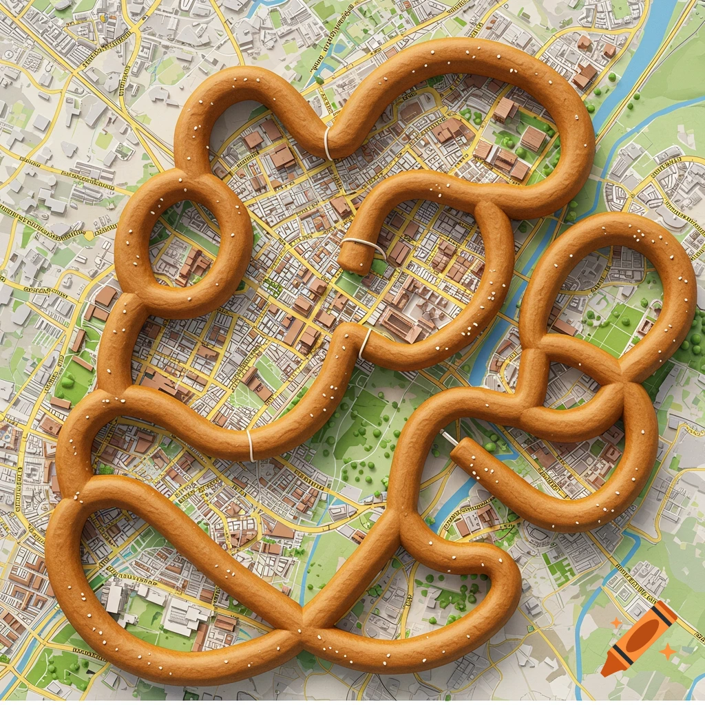 Overhead view of a detailed city map with streets and buildings forming giant pretzel shapes, rendered realistically.
