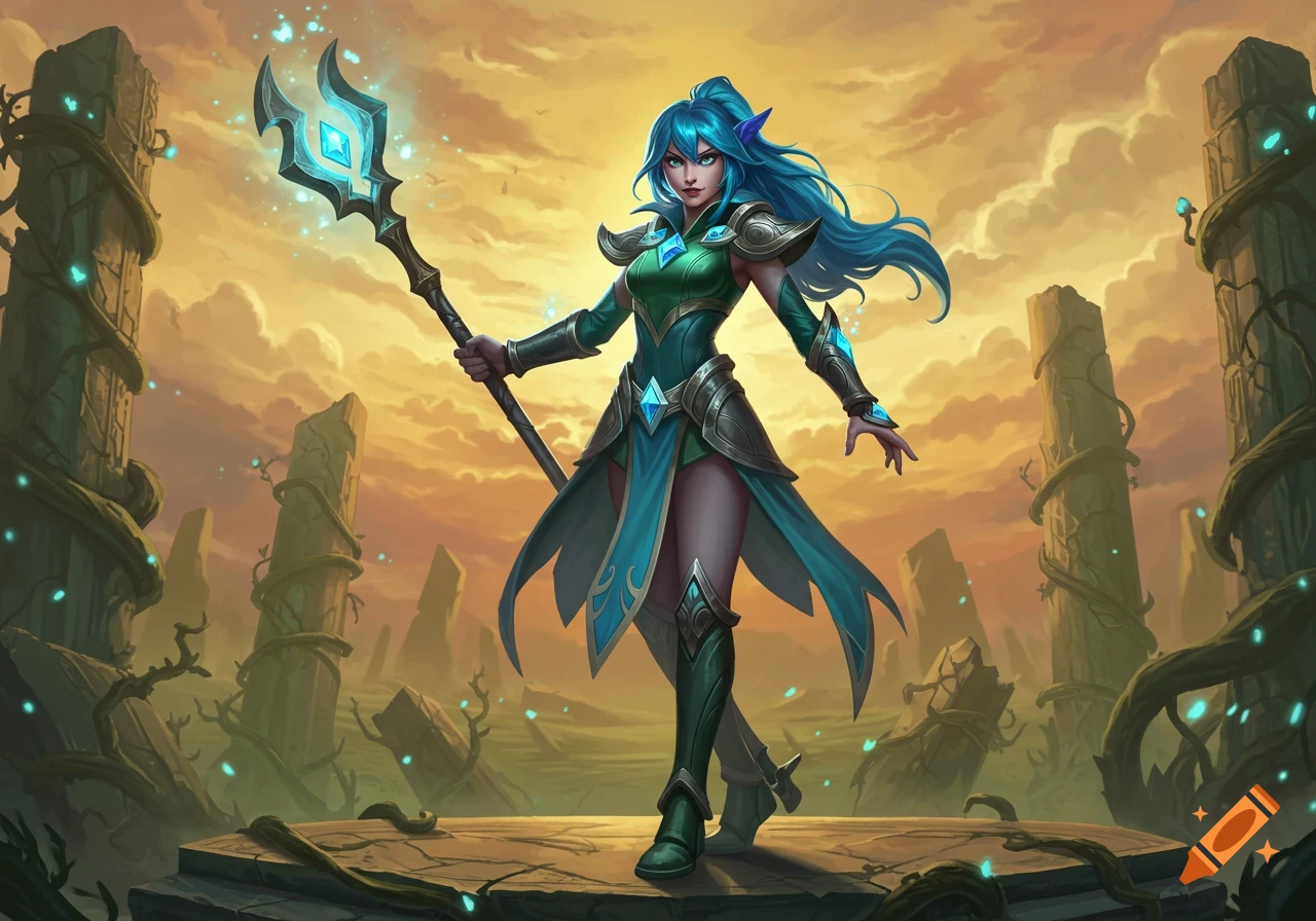 A blue-haired female elf warrior in green and teal armor holds a glowing staff in a ruined fantasy landscape at sunset.