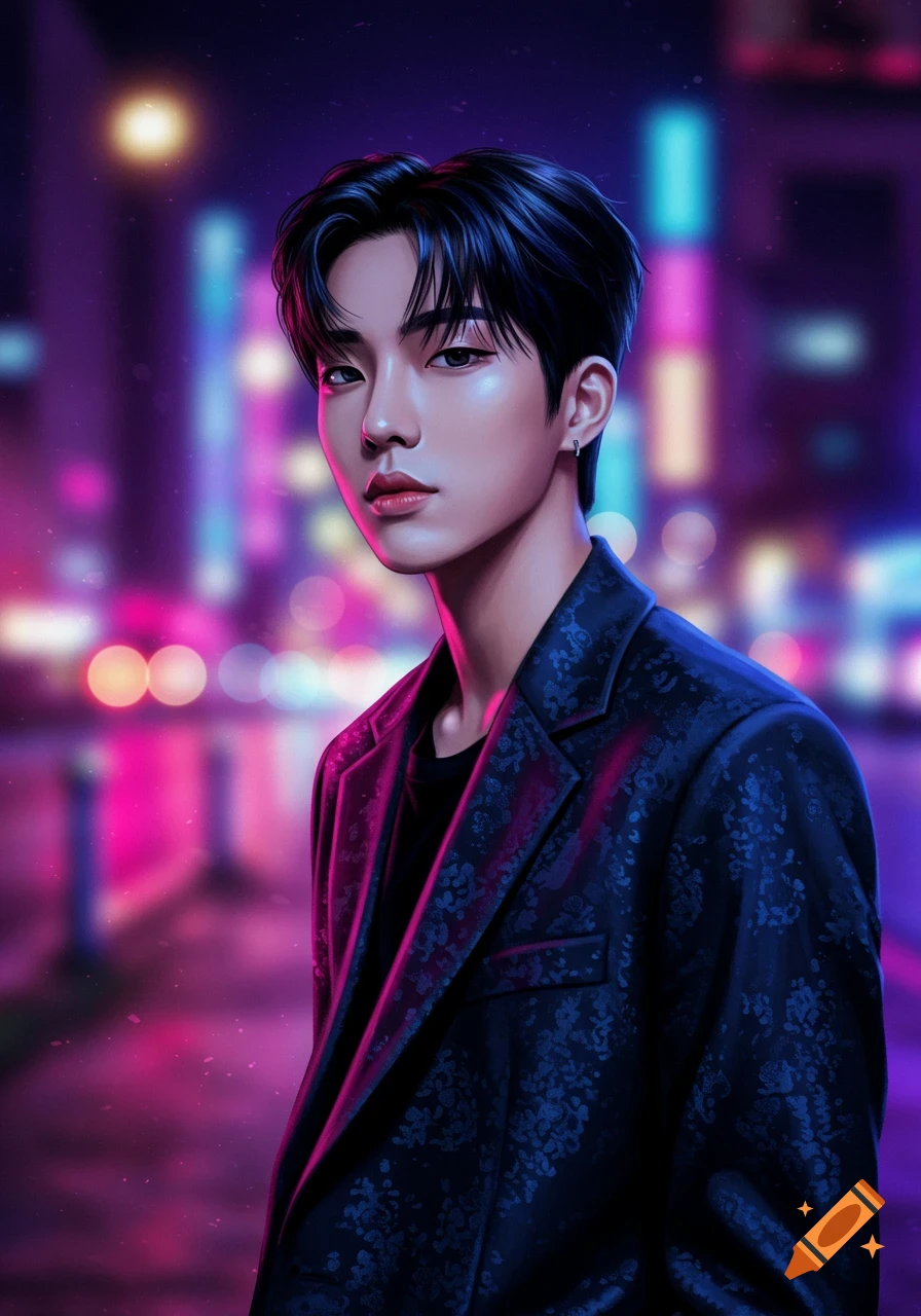 Vibrant digital art portrait of a handsome young man in a dark patterned jacket against a blurred neon city night.
