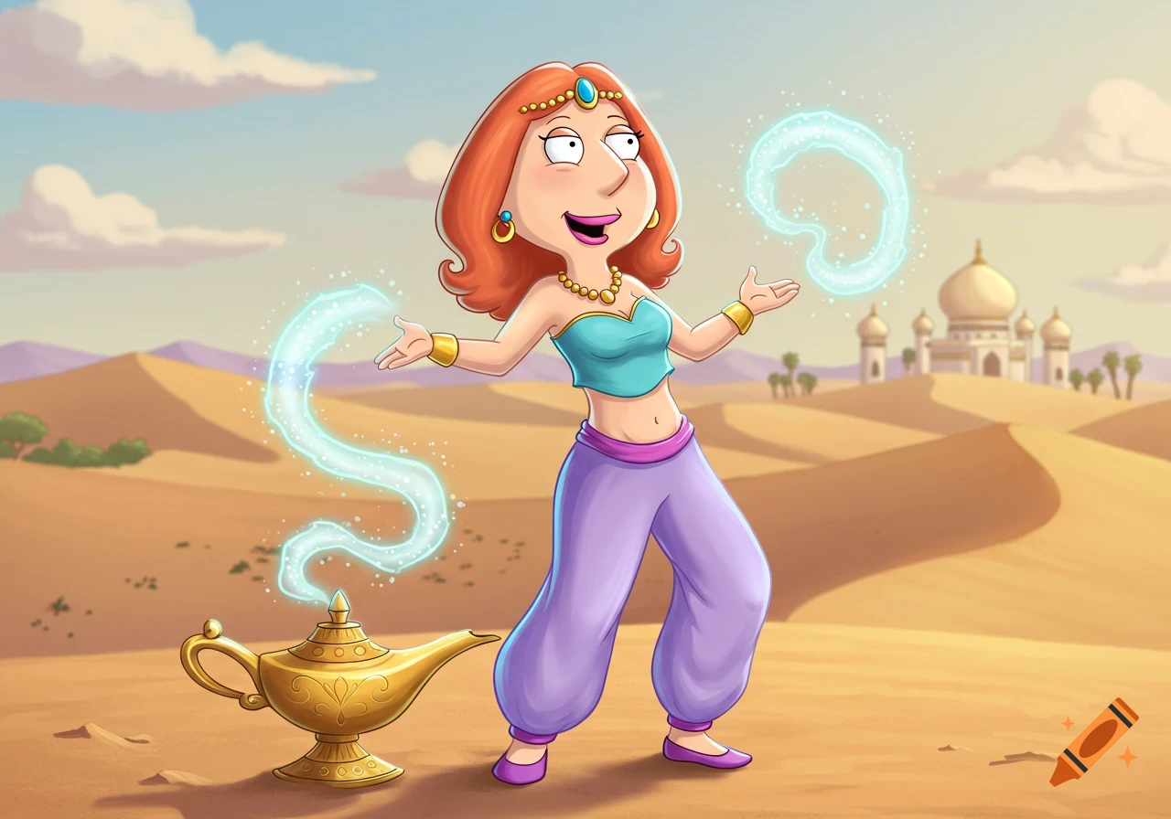 Lois Griffin from Family Guy as a genie in a desert, with a magic lamp and a distant palace, conjuring blue magic.