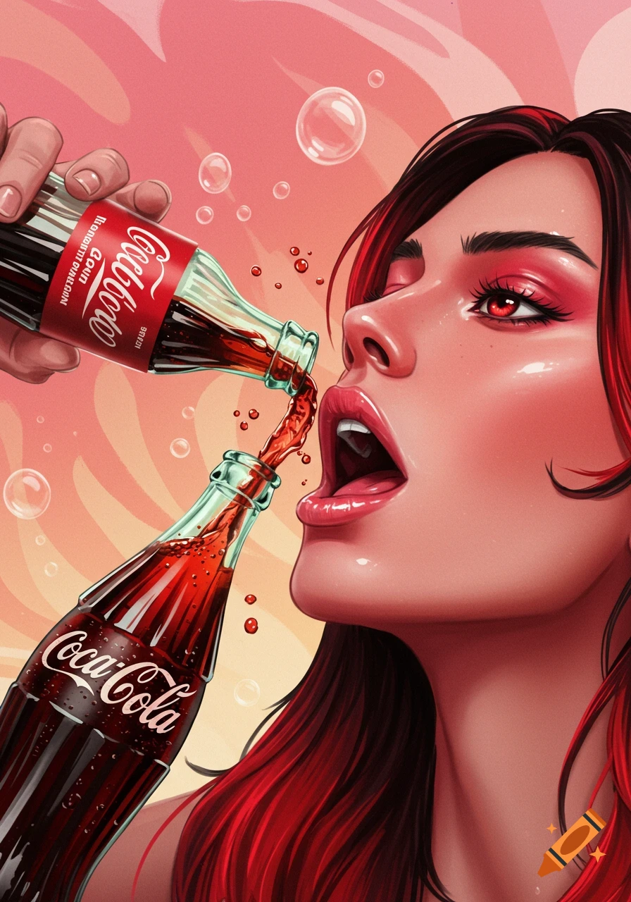 A stylized illustration of a woman with red and black hair and red eyes, drinking red soda from two Coca-Cola bottles.
