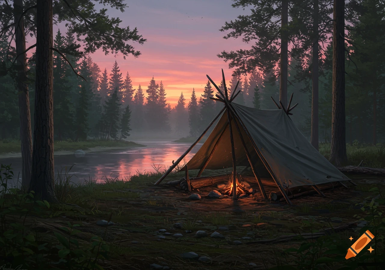 A serene illustration of a makeshift tent with a campfire by a tranquil river in a dense forest at sunset, vibrant sky reflects on water.