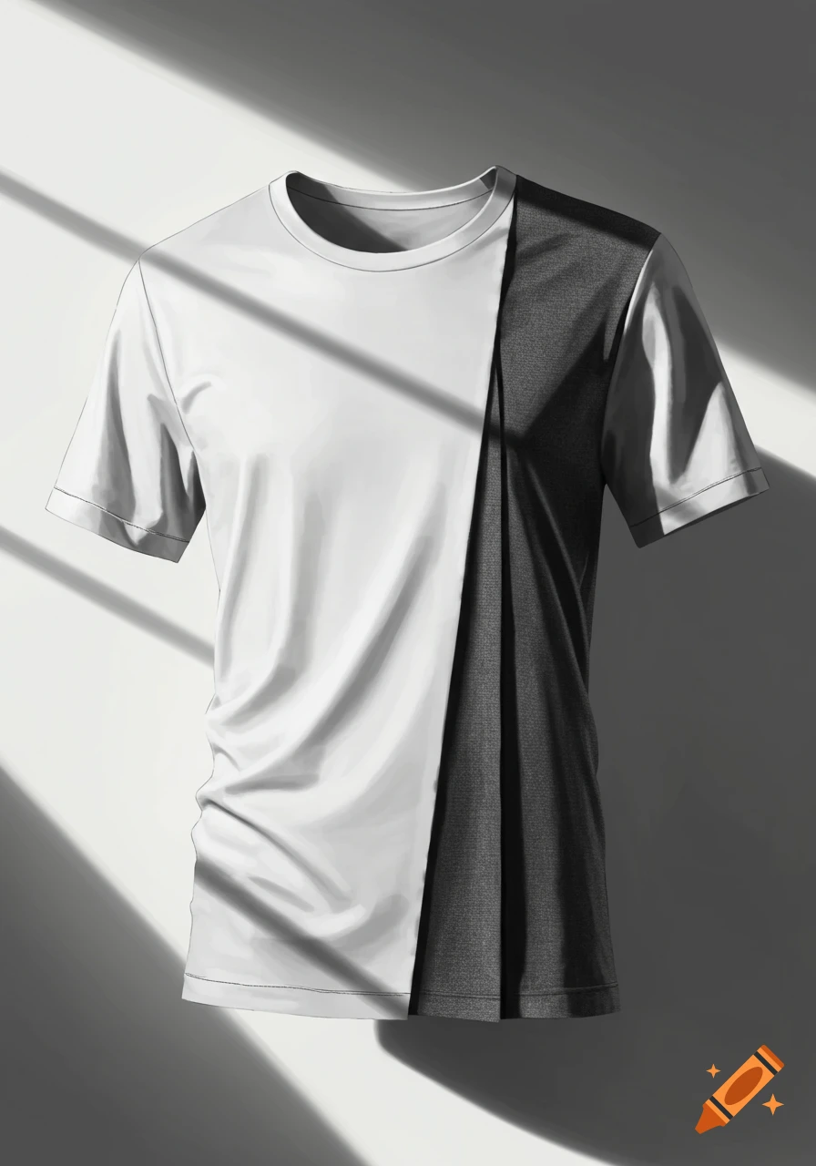 A white and dark gray split-design t-shirt with textured fabric on the dark side, illuminated by diagonal shadows on a plain background.
