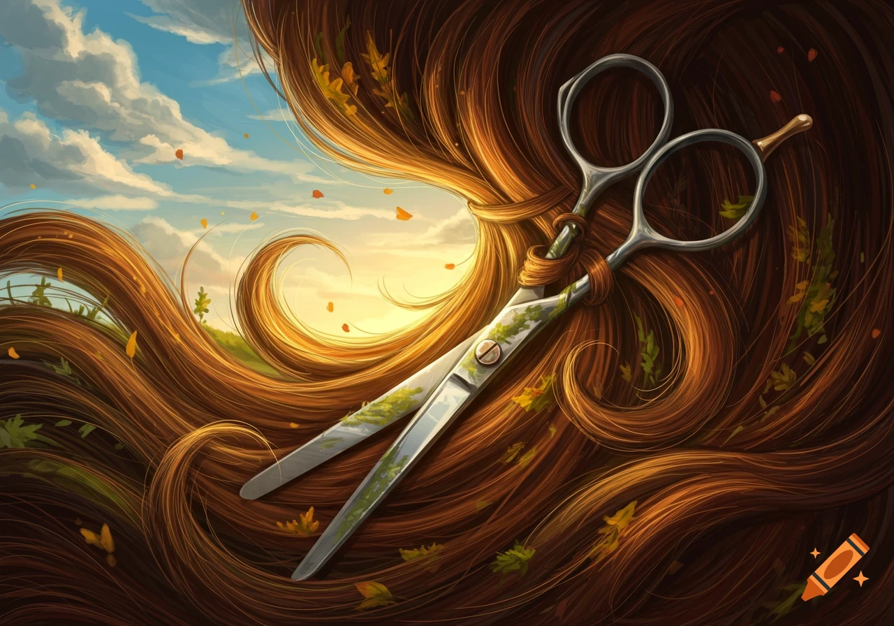 Long, flowing brown hair with autumn leaves, intertwined with a pair of silver scissors, set against a bright sky and green hills.