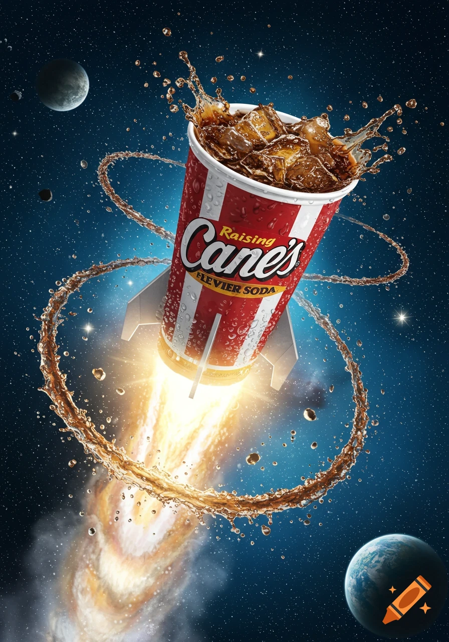 A photorealistic Raising Cane's soda cup rocket blasts off into space, soda splashing and forming trails, with planets in the background.