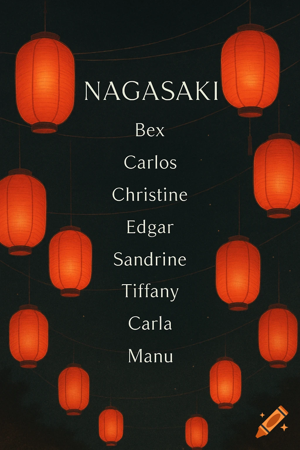 Glowing red Japanese lanterns hang in a dark night sky, with 'NAGASAKI' and a list of names written in white text.