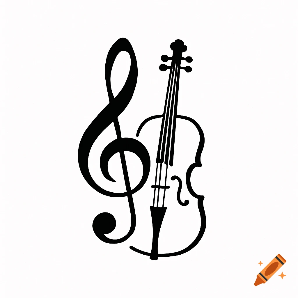 A black silhouette of a treble clef and a violin on a white background.