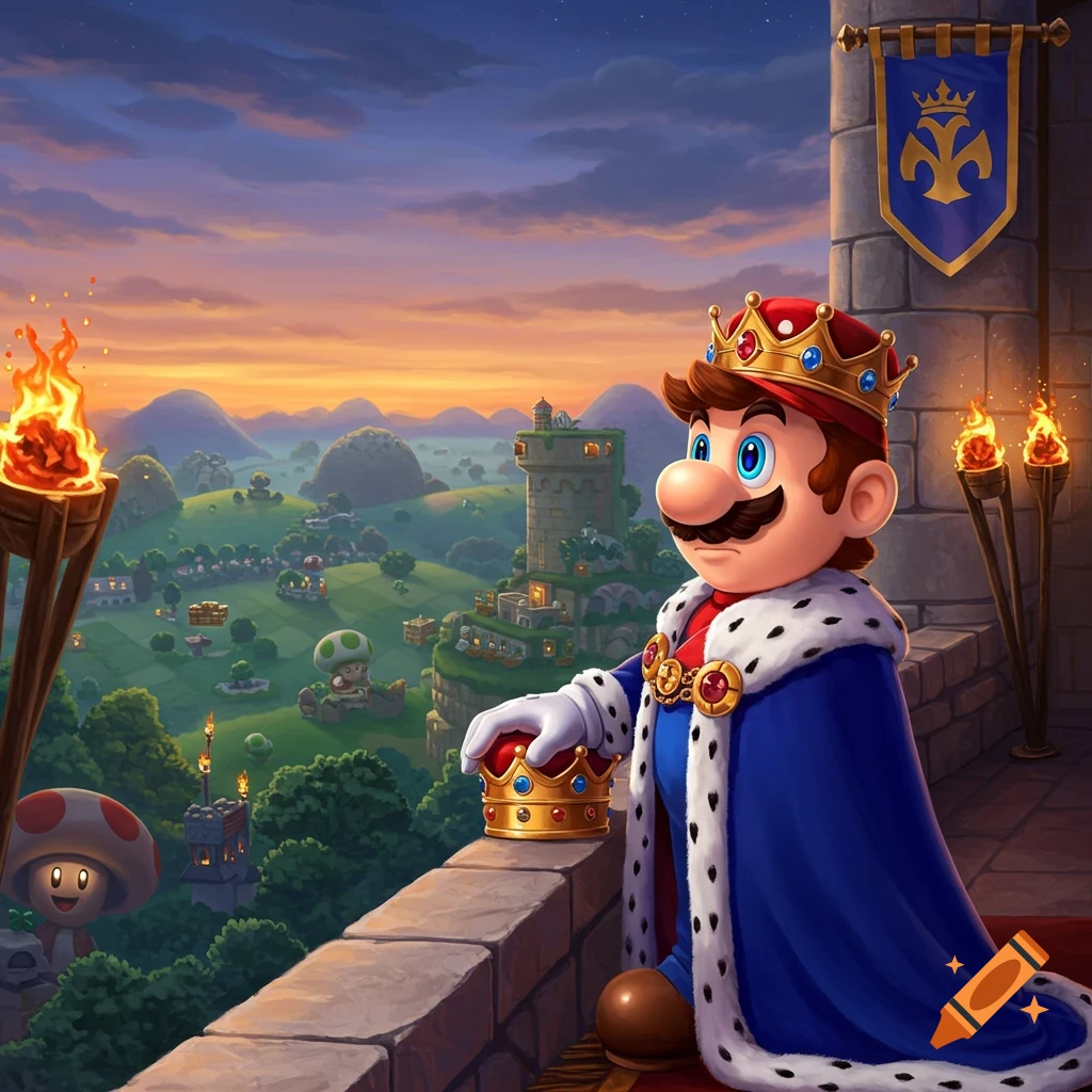 King Mario, clad in a blue cape and crown, surveys his vibrant, mushroom-filled kingdom from castle battlements at sunset.