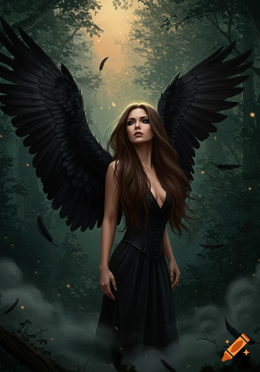 A solemn brunette woman with large black raven wings stands in a misty, dark forest with light filtering through trees. Digital art.
