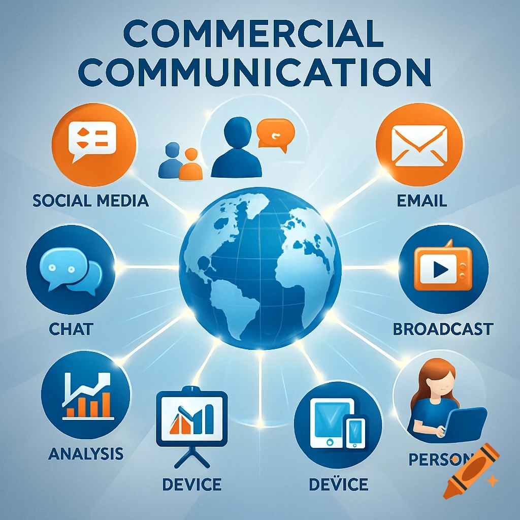 A commercial communication diagram with a globe at the center, surrounded by icons for social media, email, chat, broadcast, analysis, devices, and a person.