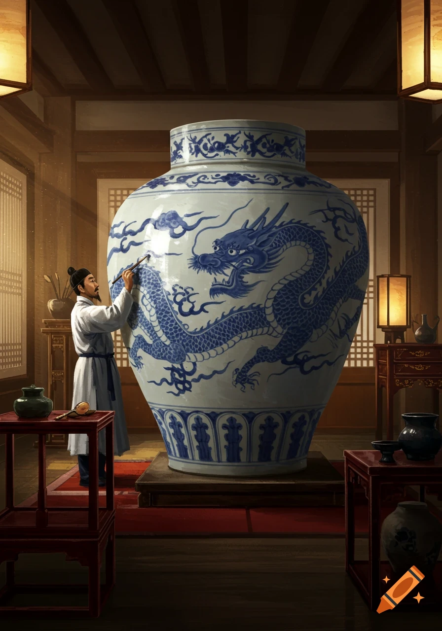 An artist in traditional attire meticulously paints a blue dragon onto a large white porcelain vase in a warmly lit, traditional East Asian room.