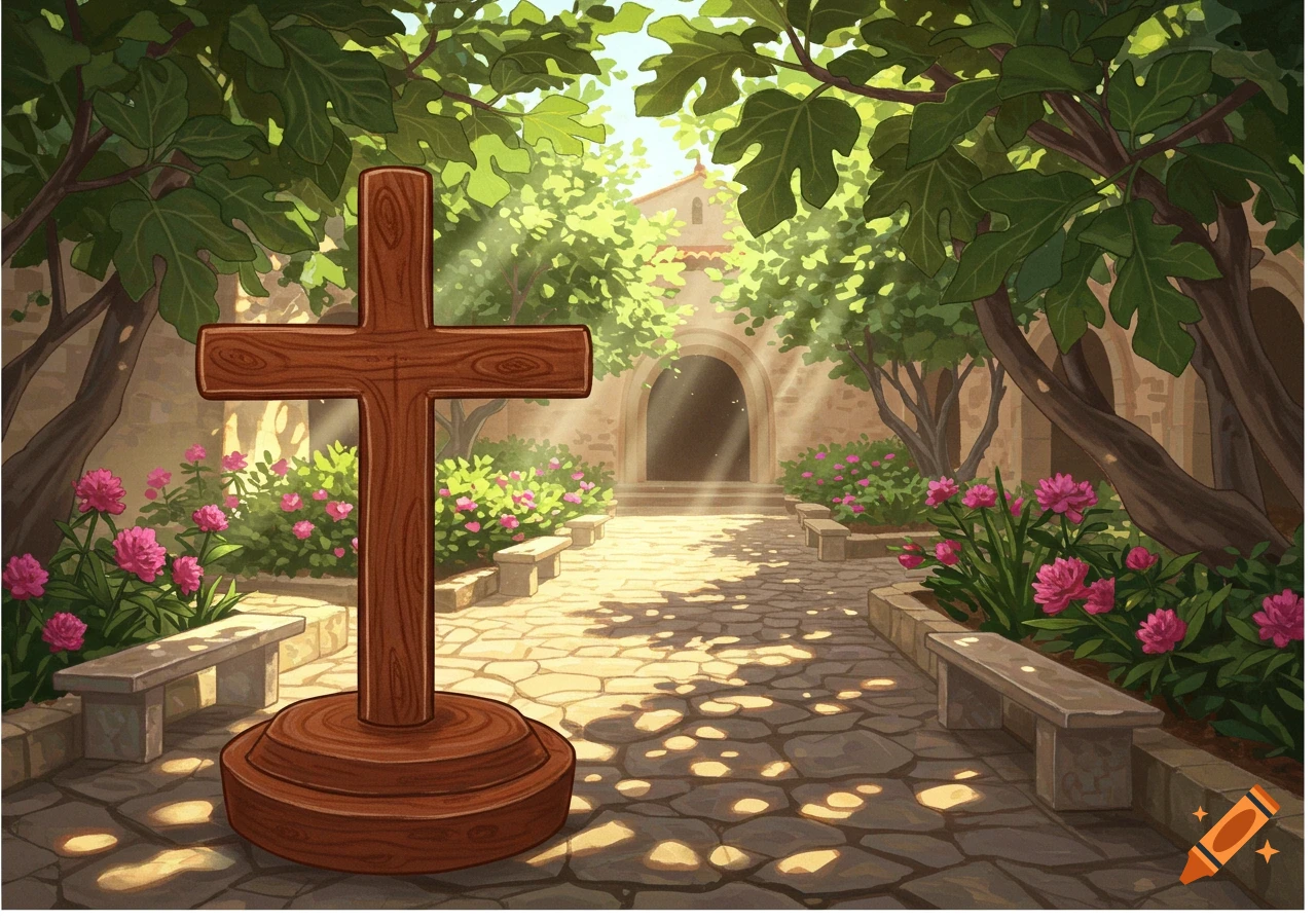 A cute drawing of a wooden cross in a sunlit stone courtyard with pink flowers, green trees, and an archway.