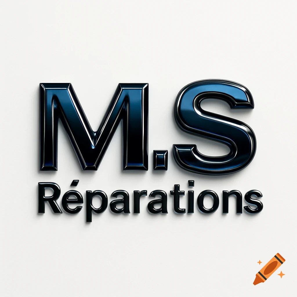3D metallic text "M.S Réparations" in dark blue and black with shadows, on a clean white background, in a modern, luxurious style.