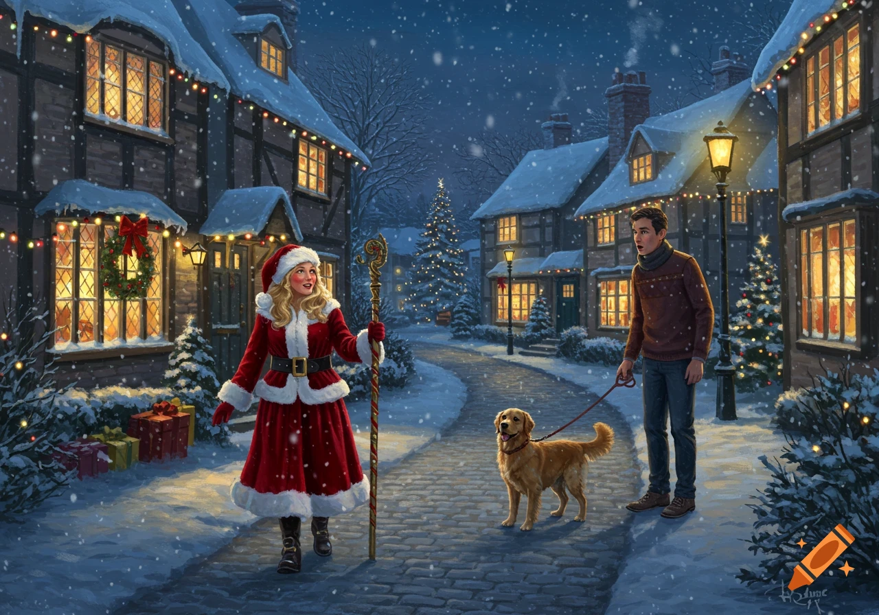 A festive, detailed illustration of a female Santa Claus walking through a snowy, lit village at night, meeting an astonished man with a golden retriever.