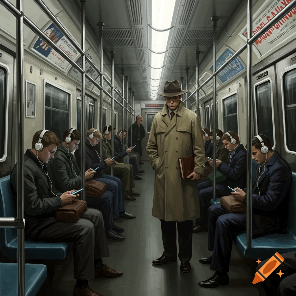 A man holding a book stands alone in a subway car, surrounded by passengers engrossed in their phones and wearing headphones.