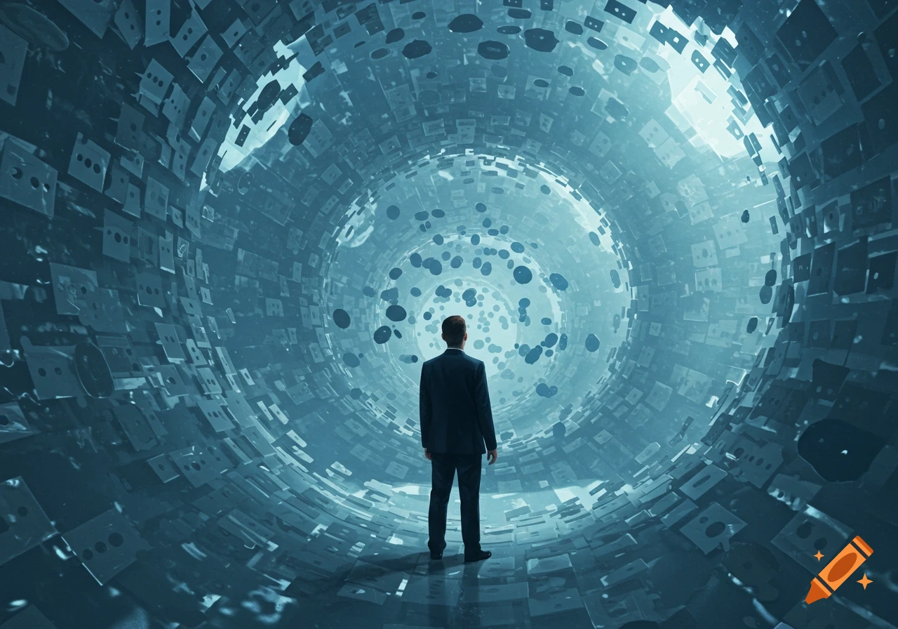 Man in suit facing a glowing, abstract, futuristic tunnel made of many small rectangular shapes.