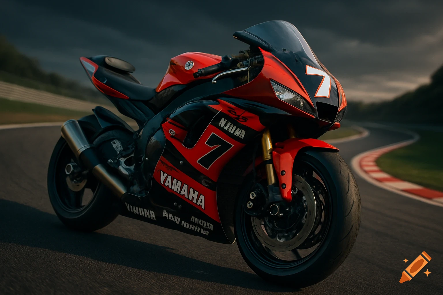 A vibrant red and black Yamaha R6 racing motorcycle with the number 7 on its fairing, speeding on a winding racetrack under a dramatic sky. Photorealistic style.