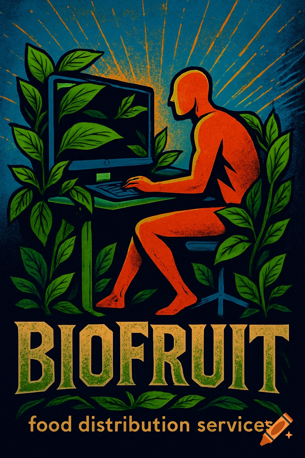 A stylized vintage-style illustration showing a person sitting at a computer desk surrounded by green plants. The computer screen also displays green leaves. The text "BIOFRUIT food distribution services" is at the bottom.