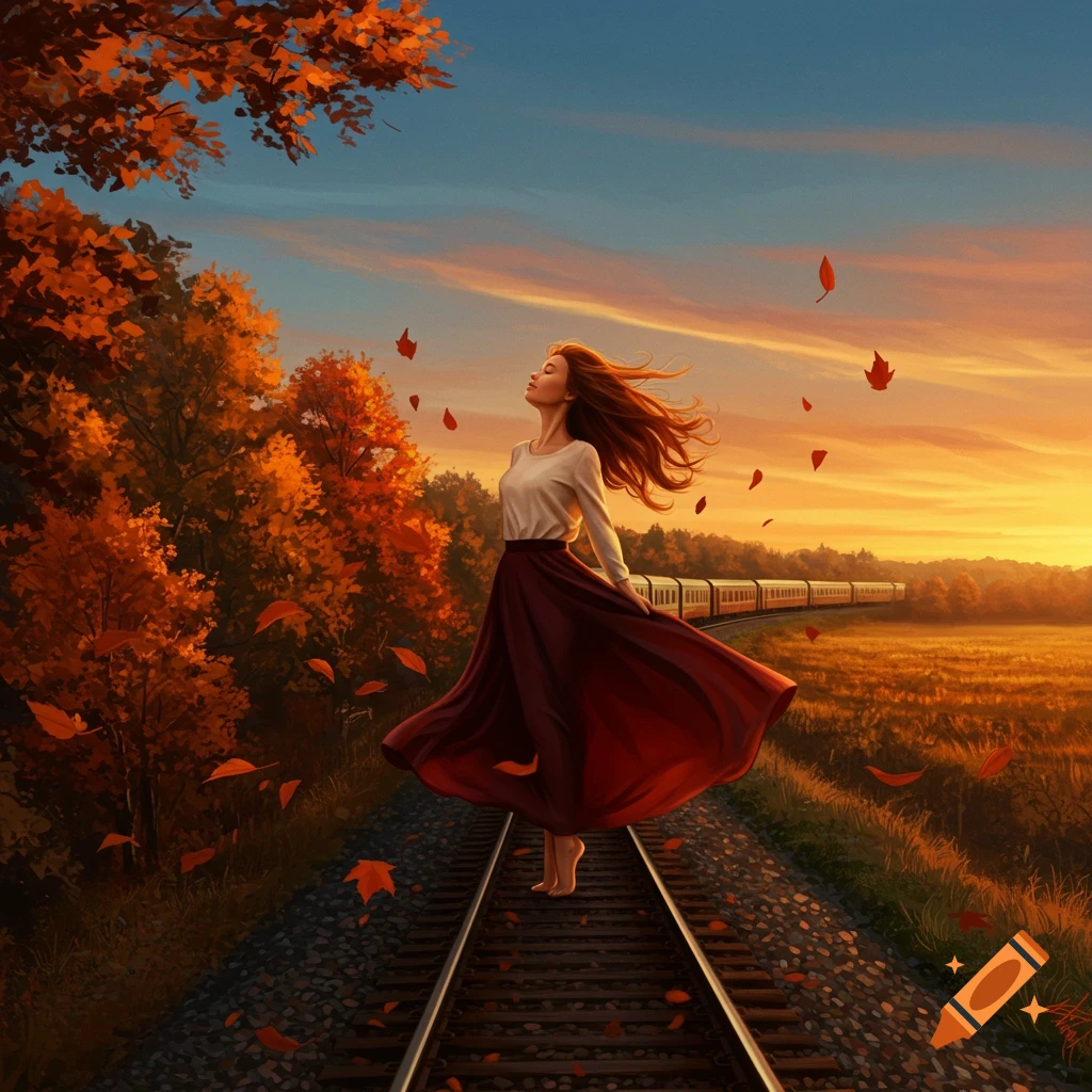 An illustration of a woman in a skirt and blouse standing barefoot on train tracks with closed eyes, hair flowing, surrounded by falling autumn leaves at dusk, with a train in the distance.
