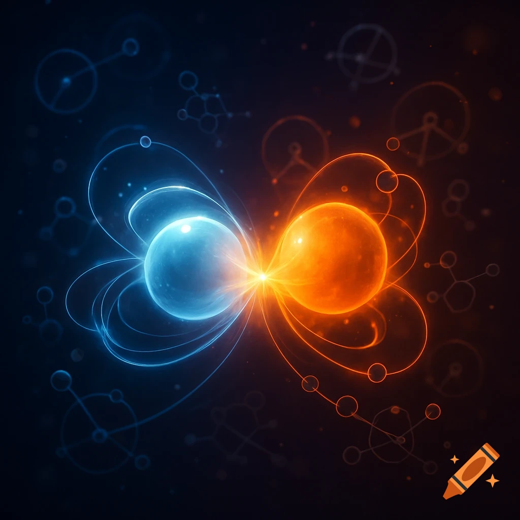 Abstract glowing blue and orange spheres connected by light, surrounded by swirling lines and molecular structures on a dark background.