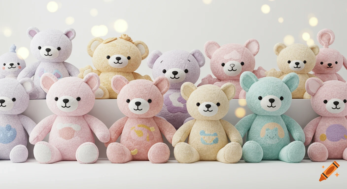 A line of cute, pastel-colored plush teddy bears with various patterns on their bellies, set against a soft, light background with bokeh lights.