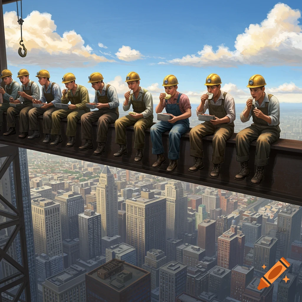 A line of construction workers sit on a steel beam high above a city, eating lunch.