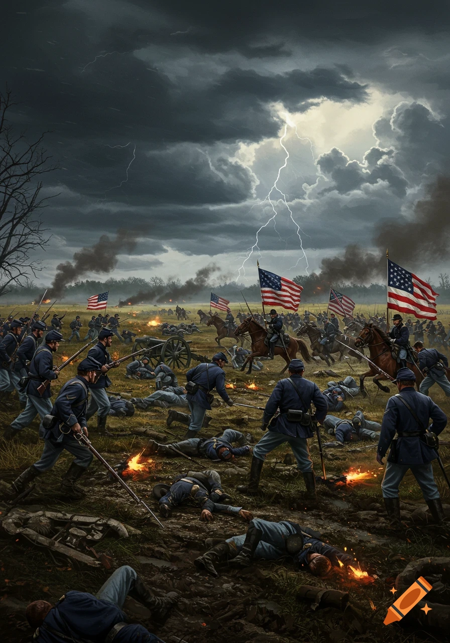 Dramatic painting of a Civil War battle under a stormy sky with lightning, soldiers charging and fallen on a muddy field.