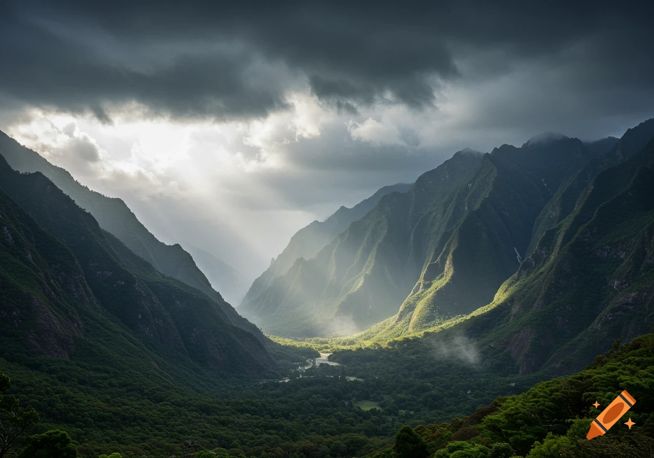 A dramatic view of a lush green mountain valley with sun rays breaking through stormy clouds, illuminating a winding river.
