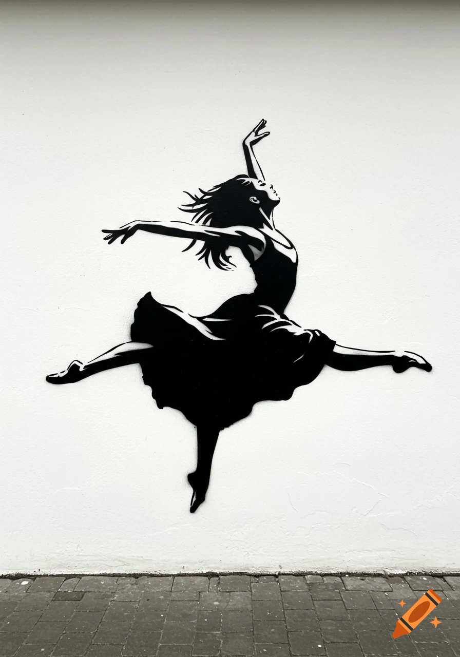 Black silhouette of a female dancer leaping on a white wall, resembling a street art mural, with grey pavement below.