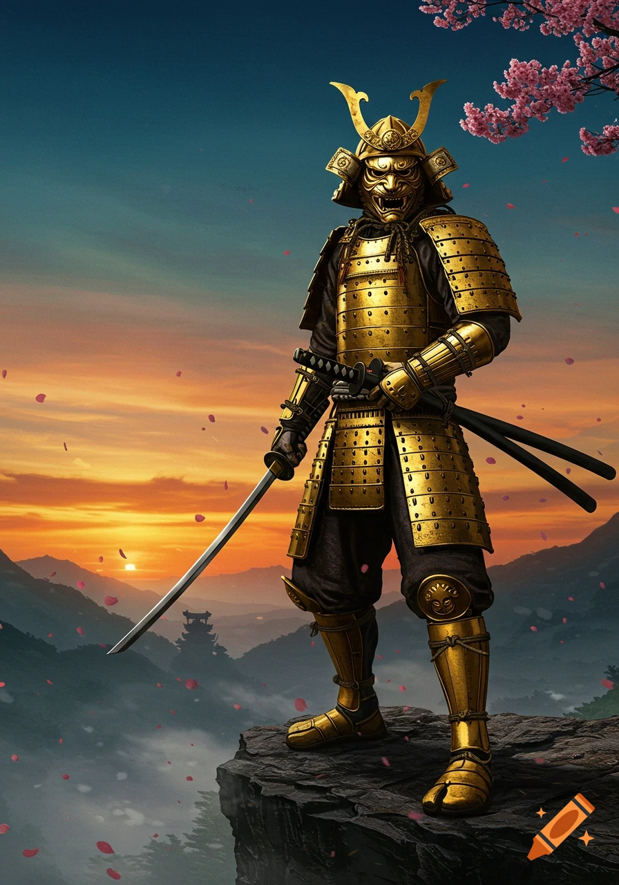 A golden-armored samurai with a fierce mask stands on a cliff at sunset, holding a katana, with cherry blossoms overhead and mountains in the distance.