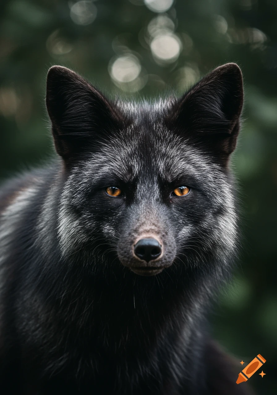 Close-up, photorealistic portrait of a black fox with silver-tipped fur and piercing orange eyes, staring intensely forward.