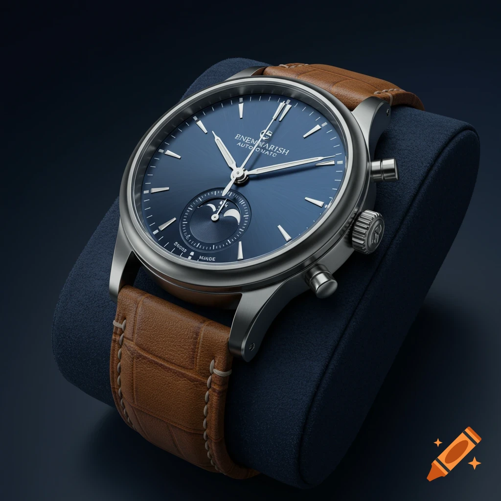 A close-up, high-quality shot of a luxury watch with a blue dial, moon phase complication, and brown leather strap, displayed on a blue stand.