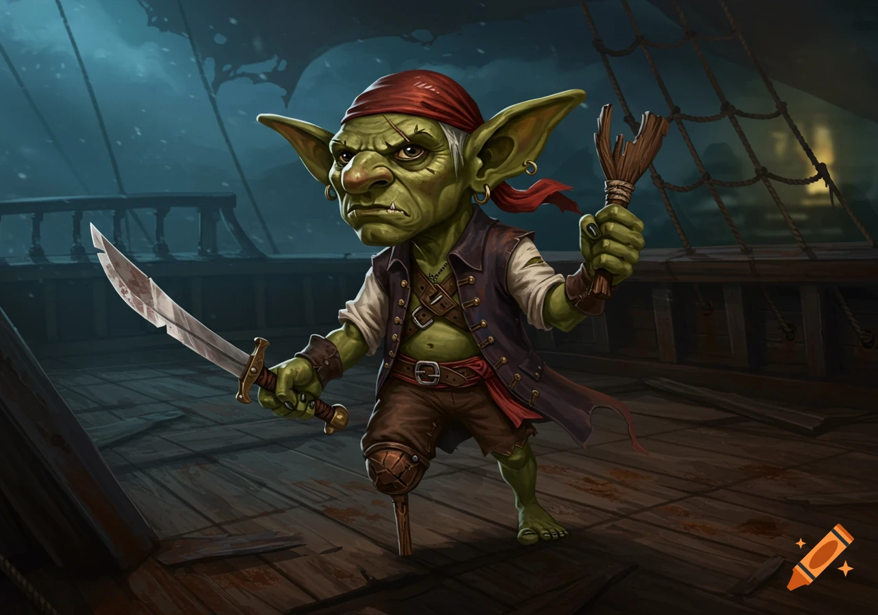 A grim-faced goblin pirate with a peg leg, holding a sword and a brush, stands on a ship's deck.