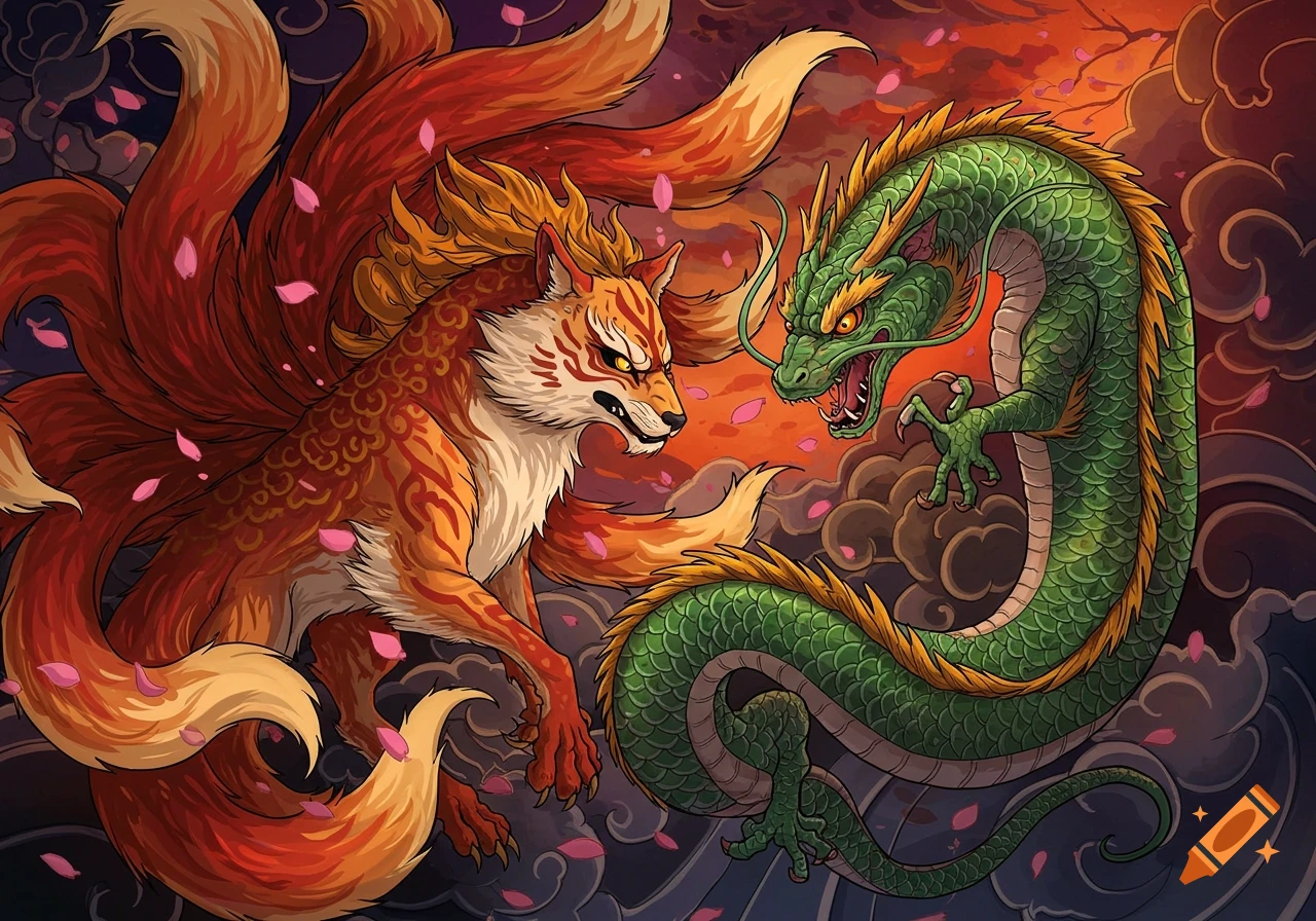 A vibrant illustration of a fiery orange kitsune with many tails confronting a large green dragon, stylized like a Japanese tattoo with falling pink blossoms.