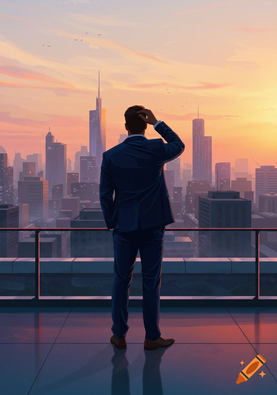 Illustrative depiction of a man in a suit on a rooftop, looking over a cityscape at sunset.