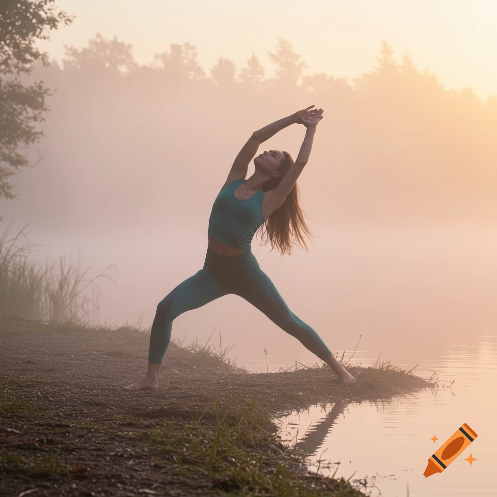 A woman in teal activewear in a yoga pose by a misty lake at sunrise.
