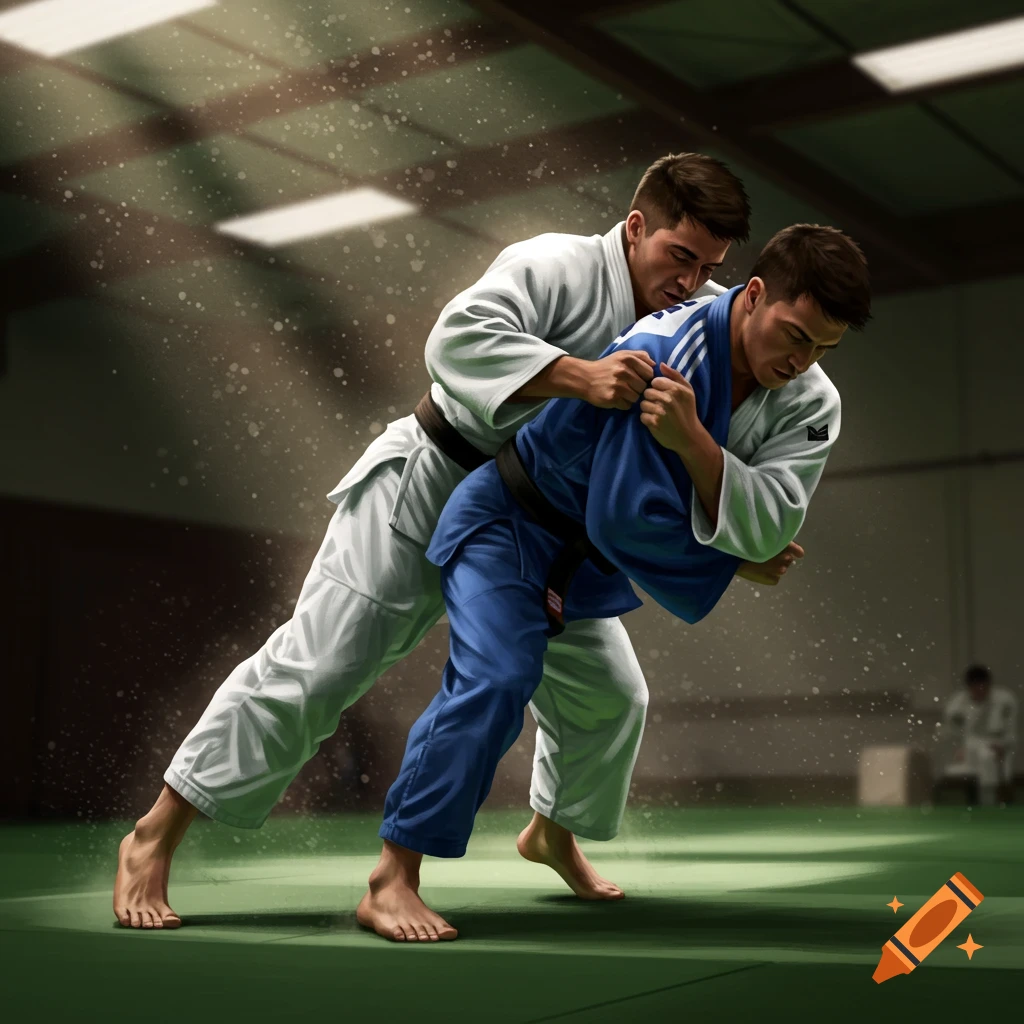 Two male judokas in white and blue uniforms grapple on a green mat in a sunlit dojo.