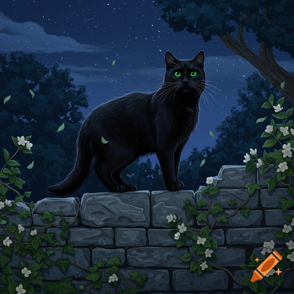 A black cat with luminous green eyes stands on a stone wall covered in ivy and white flowers at night under a starry sky. Digital painting.