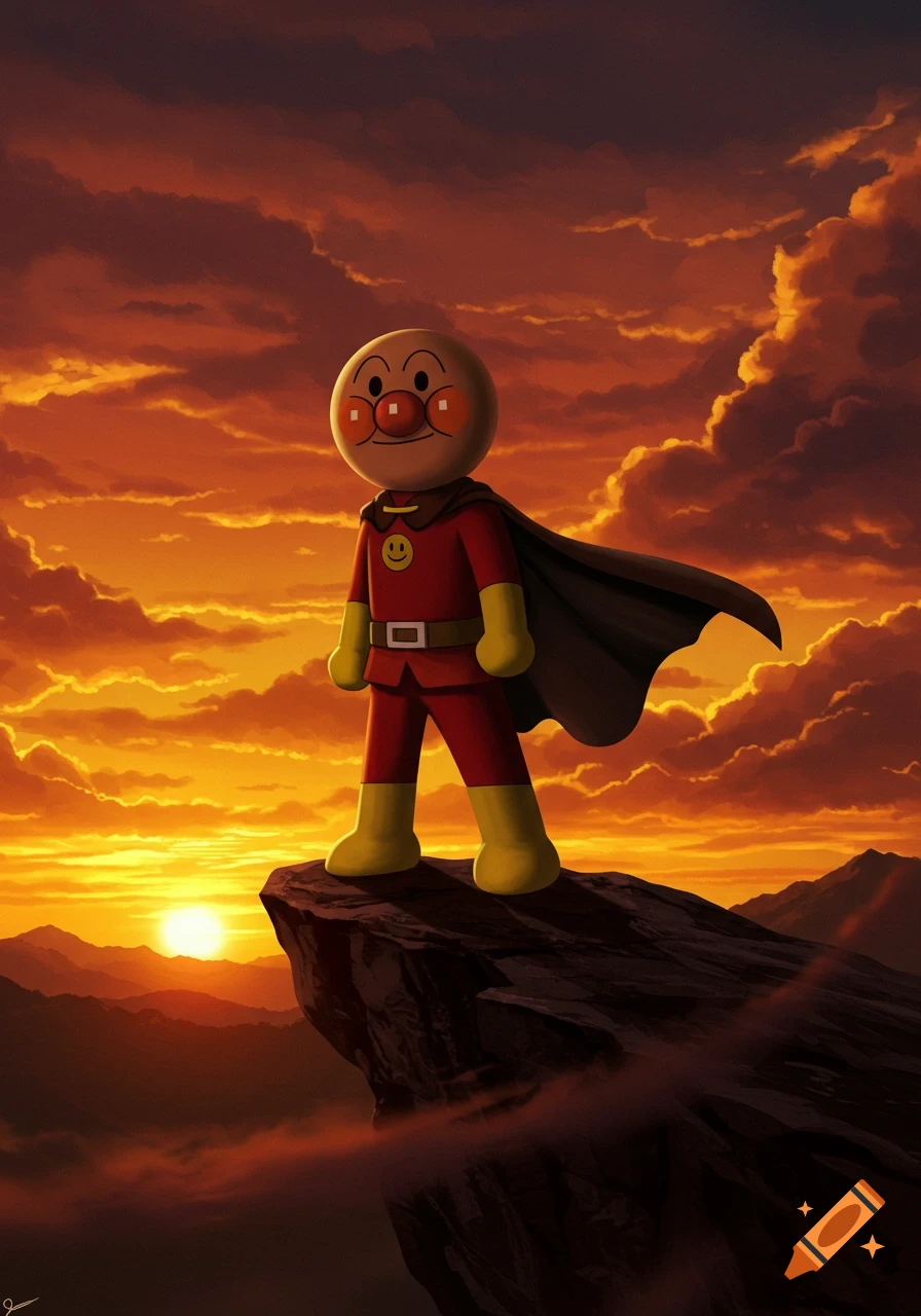 Anpanman stands heroically on a cliff overlooking mountains at a dramatic sunset in a cartoon style.
