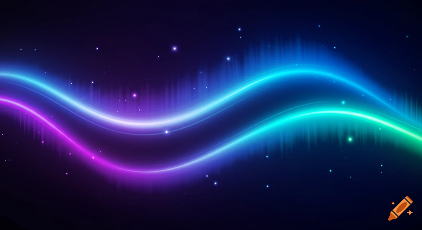An abstract background with glowing wavy lines in vibrant purple, blue, and green against a dark, starry backdrop, resembling an aurora.