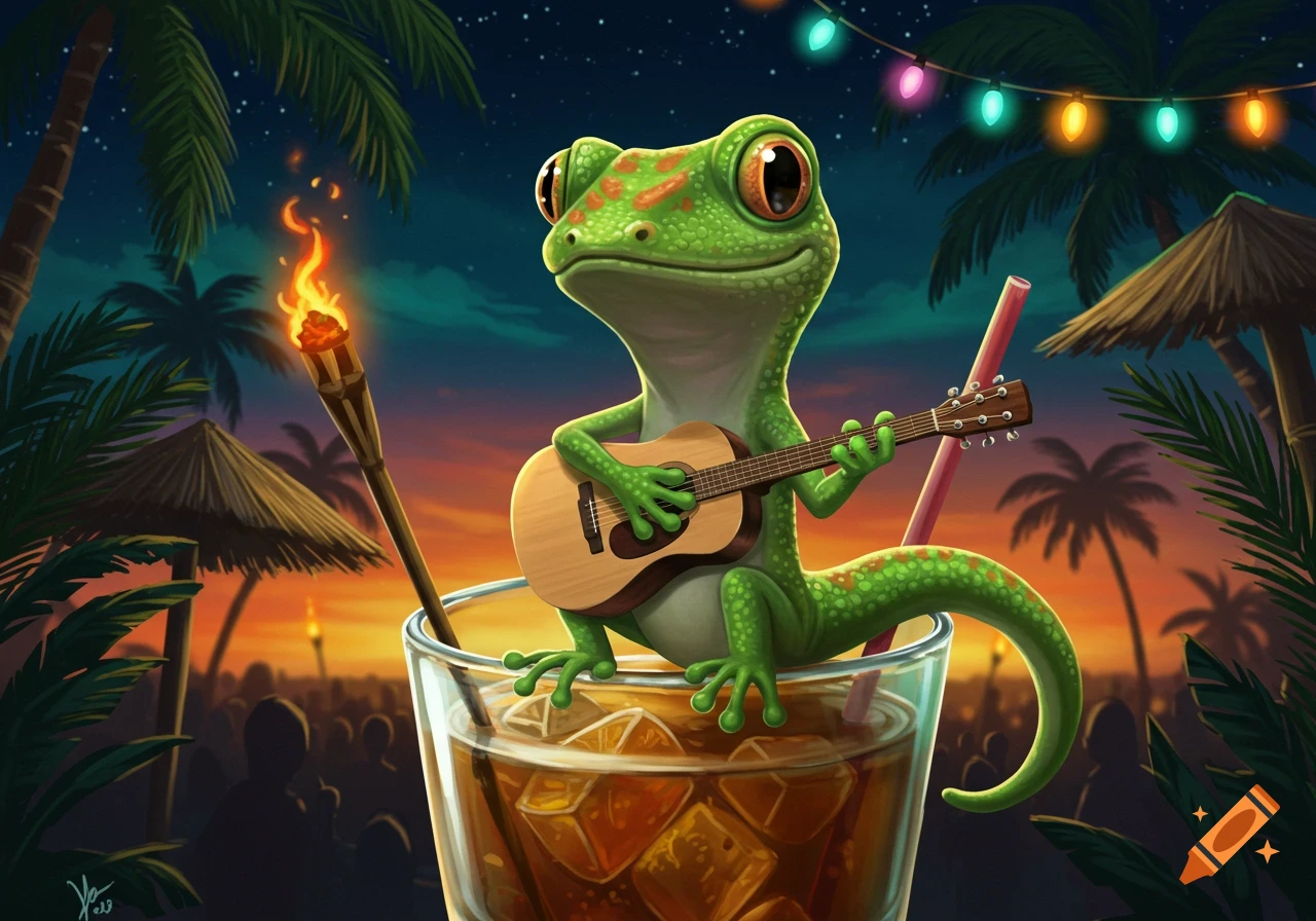 A vibrant cartoon gecko plays a guitar while sitting in a drink glass at a lively tiki bar at sunset.