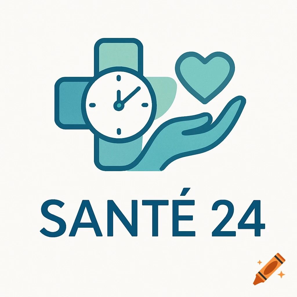 Minimalist logo for Santé 24, featuring a medical cross, a clock, a hand holding a heart, in blue and green.