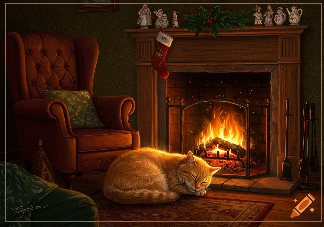 A butterscotch cat sleeping by a warm fireplace in a cozy, decorated room.