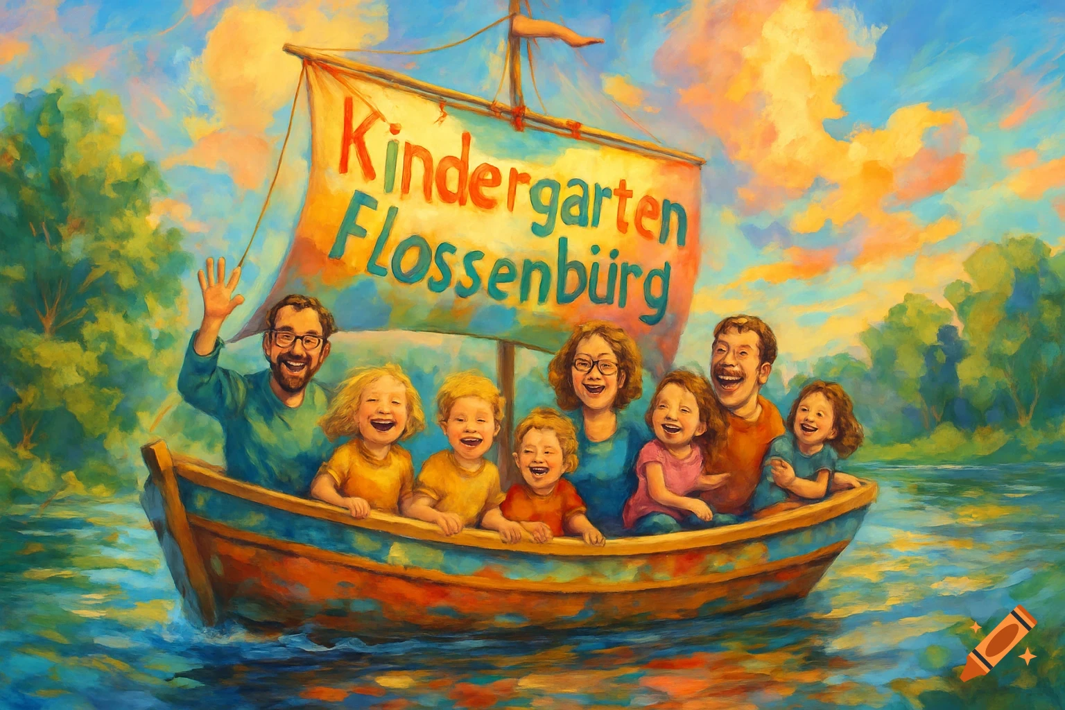 A happy group of adults and children in a boat with a sail labeled "Kindergarten Flossenbürg" in a vibrant, painterly style.