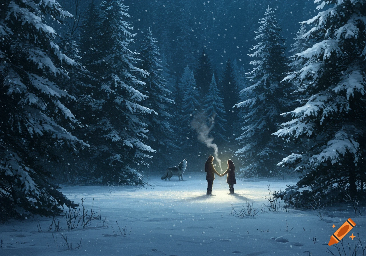 A couple holds hands in a snowy, moonlit forest with a howling wolf as snow falls. Dreamy illustration.